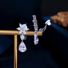 Top Silver Plated CZ Flower Drop Clip On Earrings Non Piercing for Women Brides