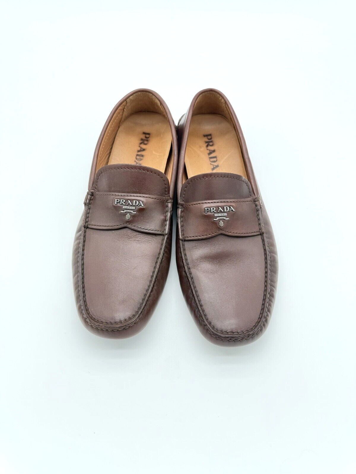Prada Milano Brown Leather Logo Slip-On Loafers Size 9 US-image