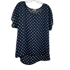 Pleione Womens Short Sleeve Hi Low Top Navy/Multi Size Large