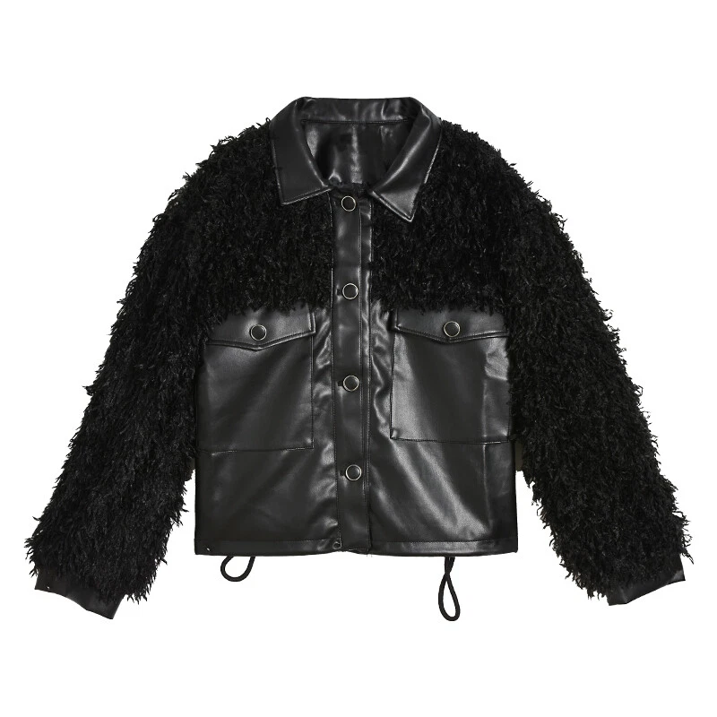 Ladies Faux Fur Leather Jacket Coat Splice Motorcycle Outerwear Patchwork Black - Image 2 of 4