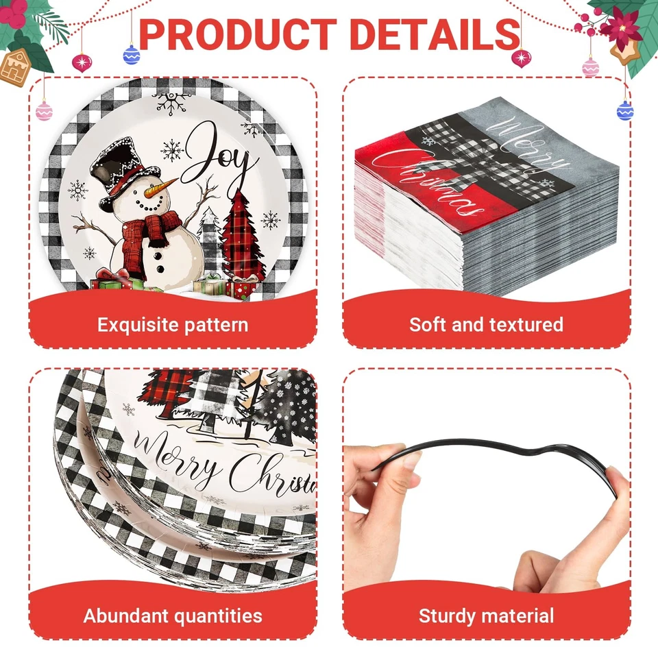 200 PCS Christmas Party Plates Napkins Farmhouse Tableware Set Buffalo Plaid ... - Image 3 of 4
