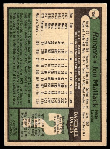 1979 O-Pee-Chee Jon Matlack Texas Rangers #159 - Picture 2 of 2