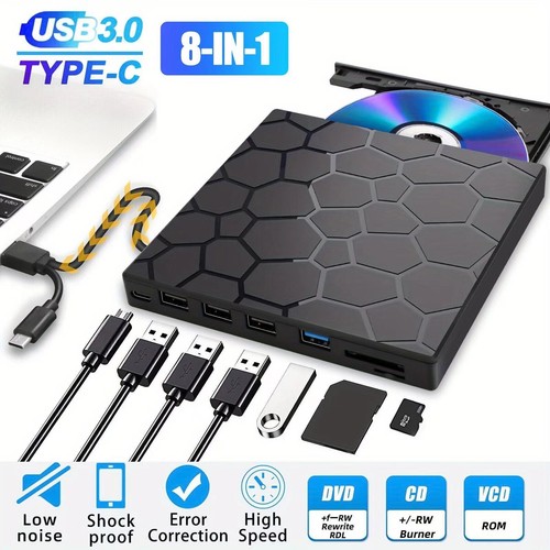 CD/DVD Burner & Player Multi-Port Hub w/ Card Reader 8 in 1 External DVD Drive - Picture 2 of 7