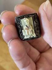 Vintage Brass Filligree Export Chinese Ring Carved person Adjustable  Antique