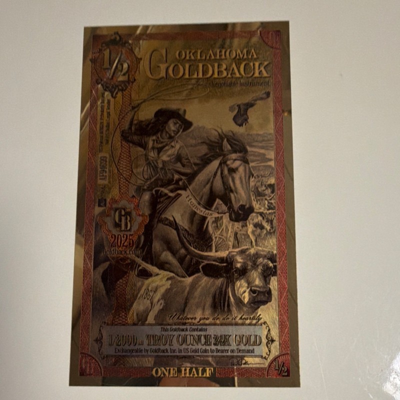 2025 Oklahoma 1/2 Alpha Goldback. 1/200 oz 24K Gold