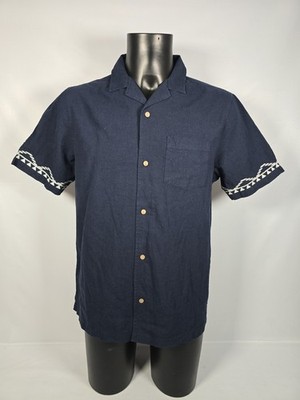 PERCIVAL Leinenmischung Hemd Blau Bestickt Kurzarm Knopfleiste Herren Medium