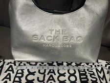 $495 Marc Jacobs New Medium The Sack Bag Silver 100% Leather Smooth 15”
