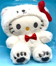 Hello Kitty Huggable Plush 8" Figure wearing White Polar Bear Outfit w/ Red Bow