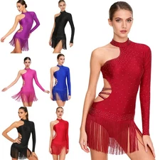 Womens Latin Dance Glitter Bodysuit Long Sleeve Tassel Leotard Jumpsuit Proms