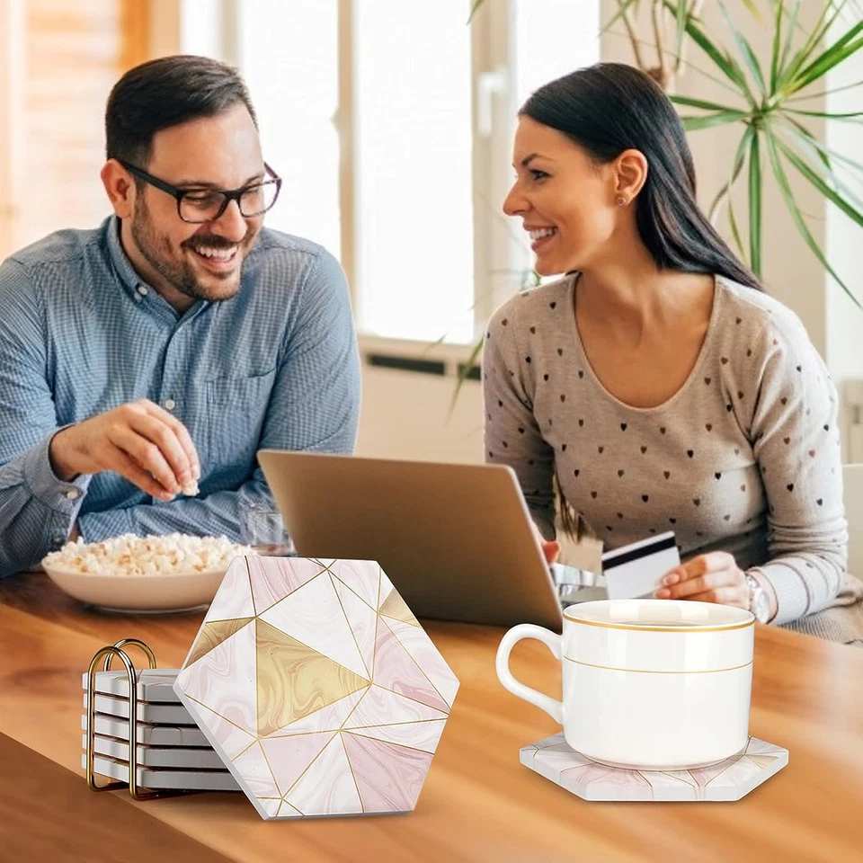 6 Sottobicchieri in Marmo Rosa Con Supporto Sottobicchieri Assorbenti Oro Sottob - Immagine 3 di 4