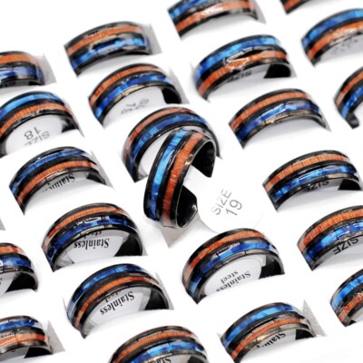 Bulk Lots 30 Wood Pattern Band Rings Men Fashion Stainless Steel Charms Jewelry