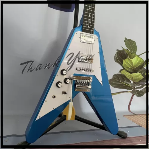 Left-hand Electric Guitar Flying V Vibrola HH Pickups 6 Strings Metallic Blue🔥