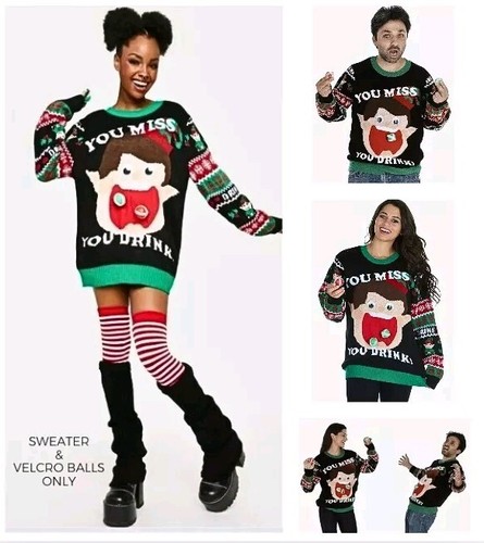 Christmas Ugly Sweater Unisex Bullseye Drinking Game YOU MISS YOU DRINK L XL NWT