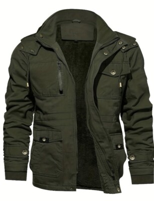 Blackish Green Solid Color Zip Up Button Flap Pocket Shirt Collar Jackets