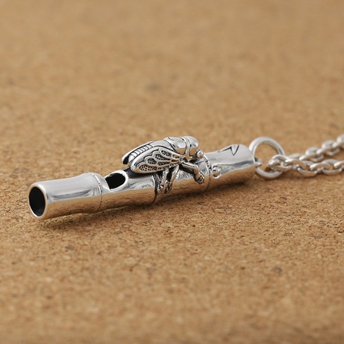 Pure S990 Sterling Silver Men Women Gift Lucky Carved Cicada Whistle Pendant 13g - Picture 3 of 5