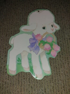 Vintage Eureka Diecut Spring Easter Lamb Tulips in Basket Two Sided 8'' x 12''
