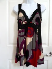 FANG Sz Large Babydoll Y2K Strappy Empire Waist Top Tie Back Colorful Blouse