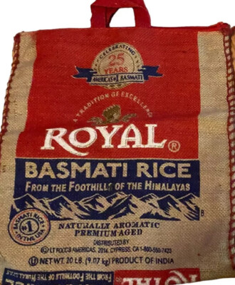 One ROYAL BASMATI Empty Rice Bag Burlap Sack Craft Tote w/ Zipper & Handles