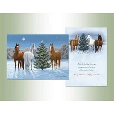 LPG Greetings Three Horses and Tree in Winter Box of 14 Glitter Christmas Cards