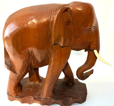 Estatua de elefante de madera tallada a mano grande y pesada de colección madera maciza de teca 10"