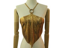 VINTAGE HAUT TOP PACO RABANNE MAILLE JERSEY TU EN METAL DORE A BRETELLES DOS NU