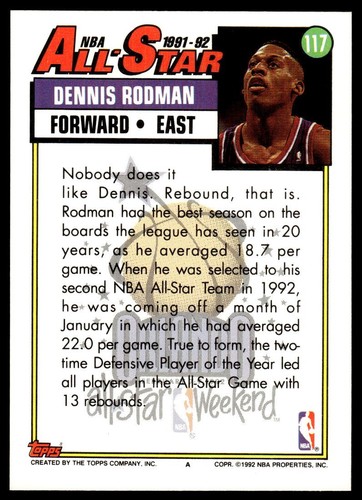 1992-93 Topps #117 Dennis Rodman Detroit Pistons - Picture 2 of 2