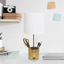 Hammered Metal Organizer Table Lamp with USB Charging Port and Fabric Shade
