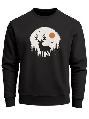 Sweatshirt Herren Frontprint Pullover mit Print Waldmotiv Hirsch Outdoor