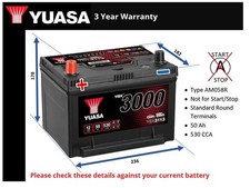 Battery fits JEEP WRANGLER Mk2 4.0 86 to 07 Yuasa AM058R 530A 50Ah 3Yr Warranty