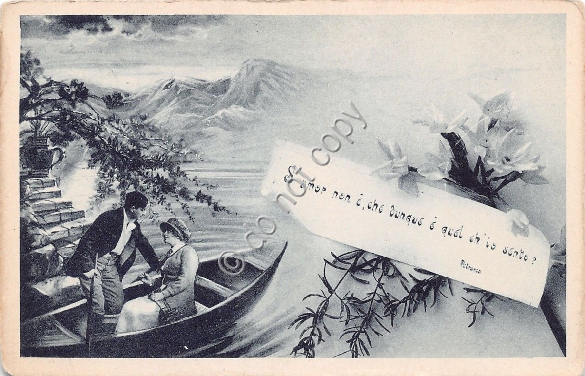 Cartolina - Postcard - Se amor non è - Petrarca - Innamorati in barca - anni '20