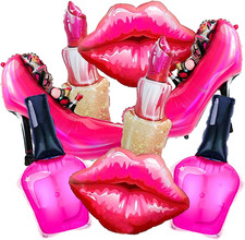 8Pcs Hot Pink Balloon Kit Red Lips, Lipstick, High Heels, Nail Polish Balloons T