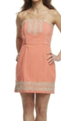 Nwt New Mud Pie Blakely Strapless Dress Coral  Gold Embroidered Size Medium
