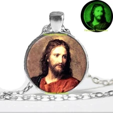 Jesus Christ Religious Necklace "Glow in the Dark" Art Photo glass with chain