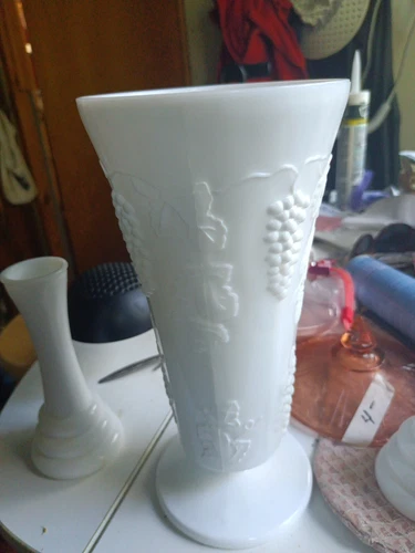 Vintage White Milk Glass Vase Grapes and Leaves Design Flower Bouquet