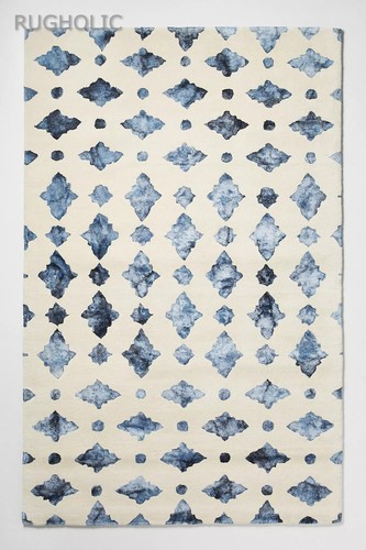 New Hand Tufted Woolen Area Rug ANTHRO MOROCCAN TILE BLUE Carpet for Living Room - Picture 4 of 5