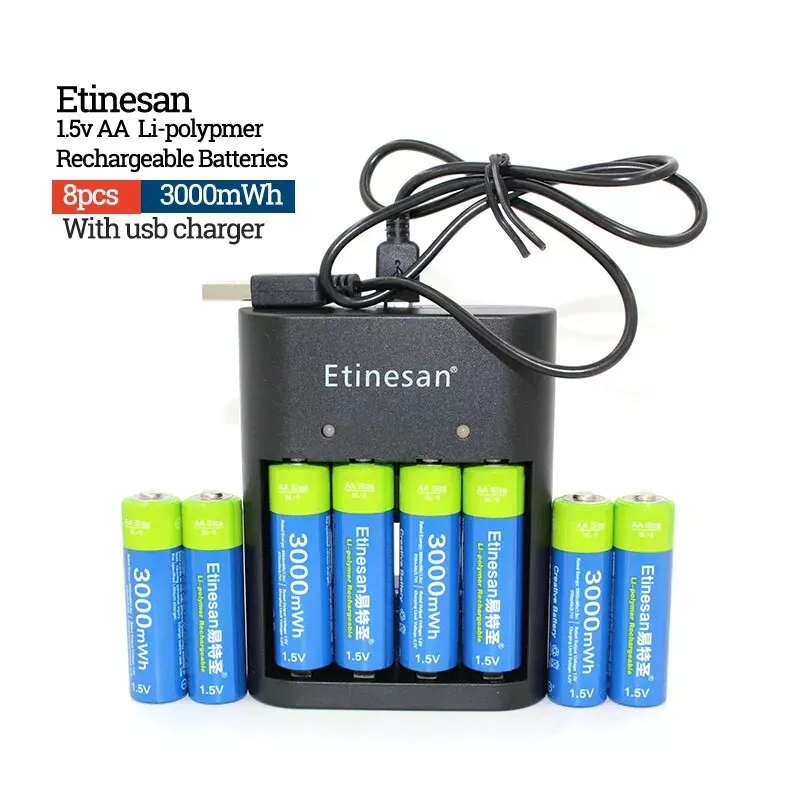 Etinesan 1.5V 3000mWh AA Li polymer li ion Rechargeable batteries plus Charger