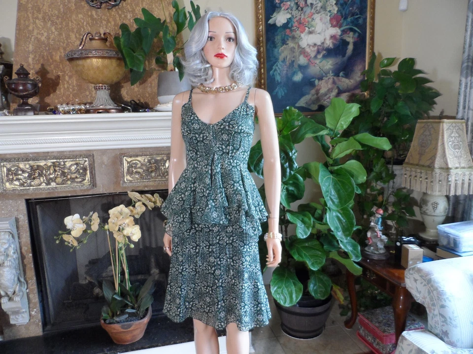 Vestido Derek Lam NY 100 % Seda Georgette Verde Estampado Floral Nivel Volantes Talla 0 Foto 3 de 4