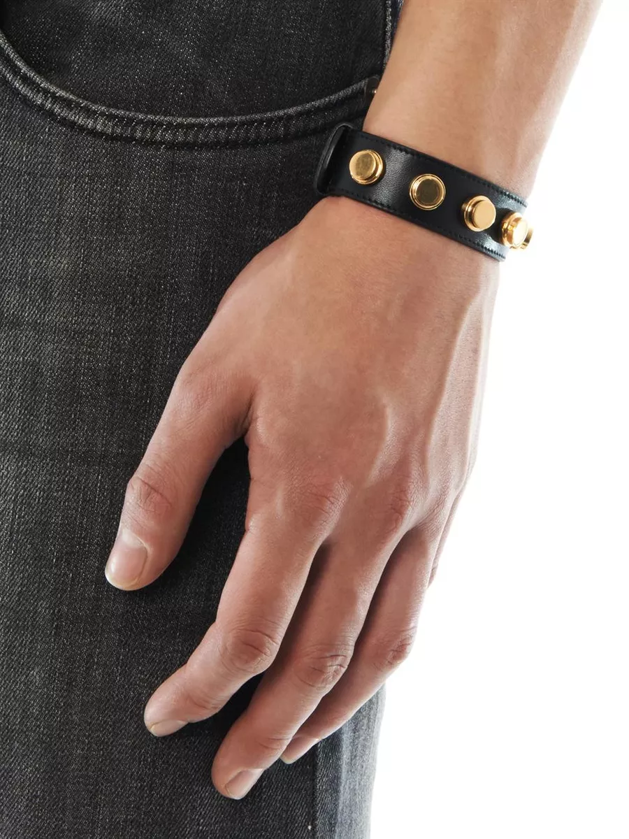 New Authentic SAINT LAURENT Black Leather De Force Gold-Studded Cuff  Bracelet S
