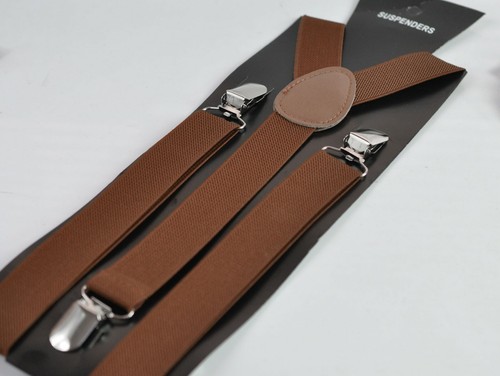 Toffee Brown Faux Leather Bow tie Elastic Suspenders Braces for Men Youth Boy - Picture 6 of 8
