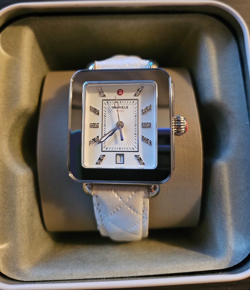 MICHELE Deco Sport White Quilted Leather Watch Sunray Dial 34mm