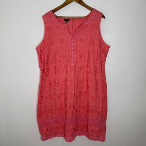 Talbots Plus Size Dress 20W Coral Pink Sleeveless Eyelet Floral Boho Cottagecore