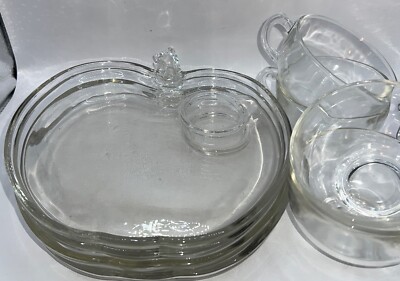 Four Vintage Hazel-Atlas Snack Luncheon Plate and Cup Clear Glass Apple Shape