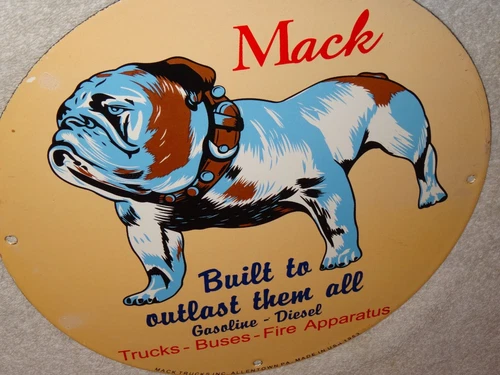 VINTAGE  MACK🐶TRUCKS BUSES GASOLINE DIESEL 11 3/4" PORCELAIN METAL OIL DOG SIGN