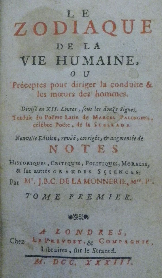 LE ZODIAQUE de la VIE HUMAINE - Marcello Palingenio Stellato 1733 2 Vol. - Imagem 2 de 4