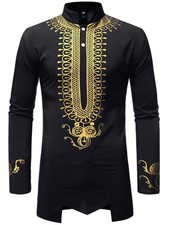 Dashiki Shirt Men African Attire Metallic Foil Print Long Sleeve Top XL