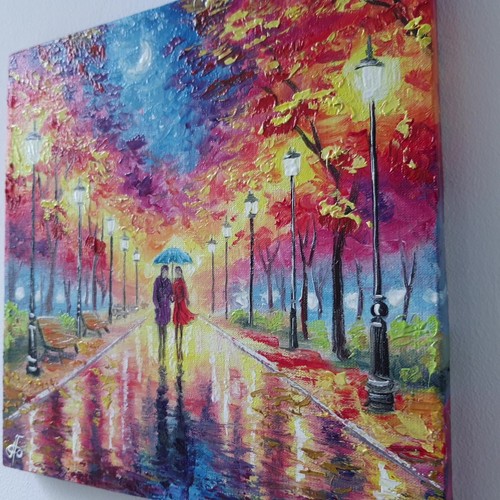 Original Oil Painting Vibrant Autumn Park Scene Couple Umbrella Canvas Wall Art - Picture 19 of 24