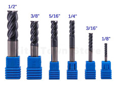 6Pcs 4 Flute 45 Helix Solid Carbide 1/8" - 1/2" End Mills Set - AlTiN Coated