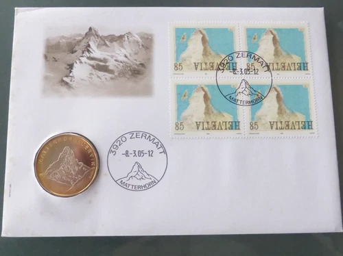 SWITZERLAND 2012 MATTERHORN ILL FDC WITH MATTERHORN 10fr COIN ENCAPSULATED