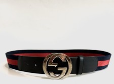 Gucci Auth 85cm 34in Red Blue Fabric Leather Web Belt Silver Tone GG Buckle EUC 