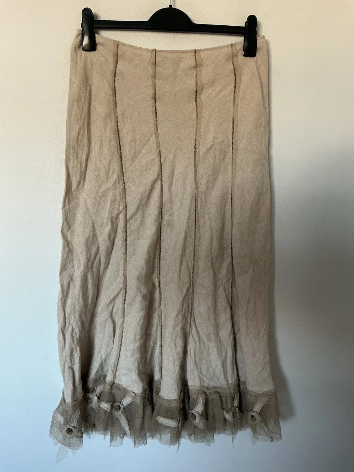 Per Una Linen Midi Skirt Beige Panels Flare Mesh Hem Size 10 Long W32 L33 VGC